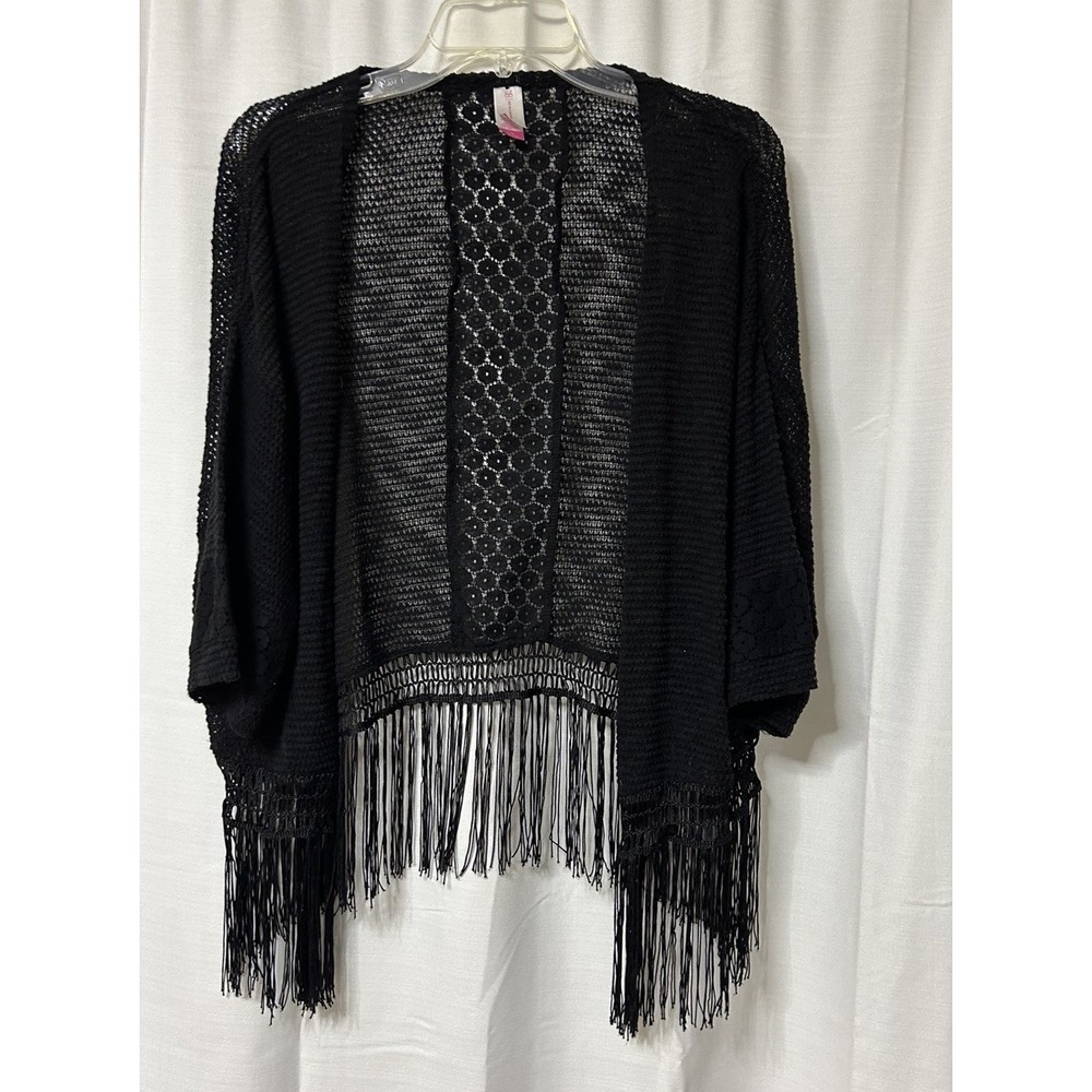 No Boundaries Womens Black Crochet Festival Boho Cardigan Fringe L